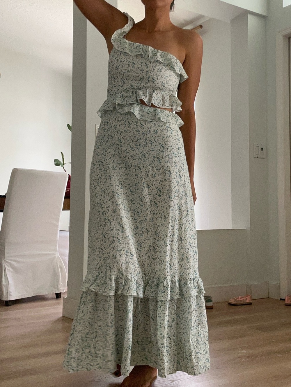 Peony for Anthropologie One-Shoulder Floral Maxi Dress in White and Light Blue
